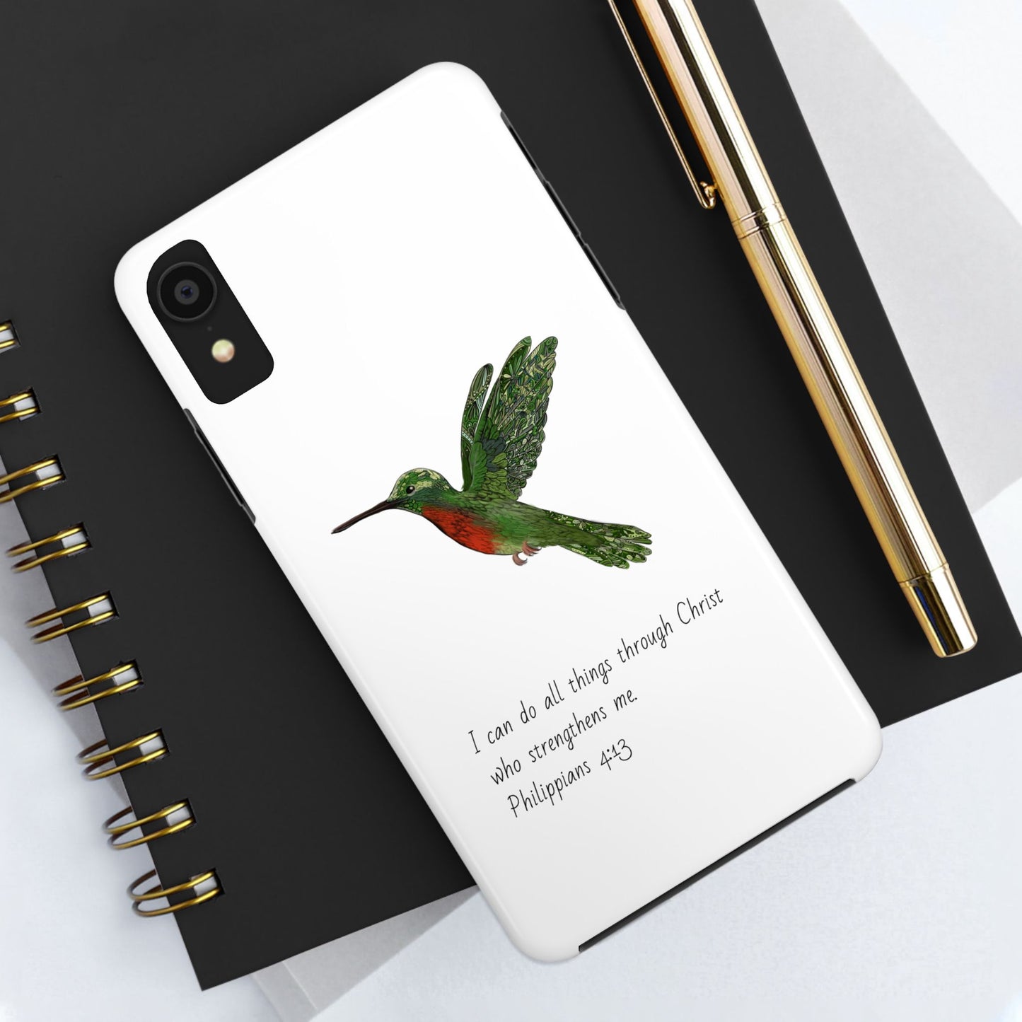 Phone Case - Hummingbird Drawing with Philippians 4:13 Verse