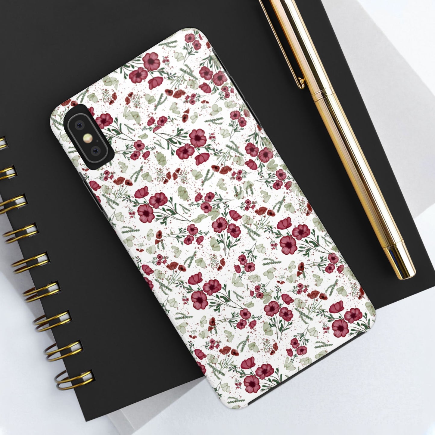 Phone Case - Watercolor Red Poppies with Green Leaves Design