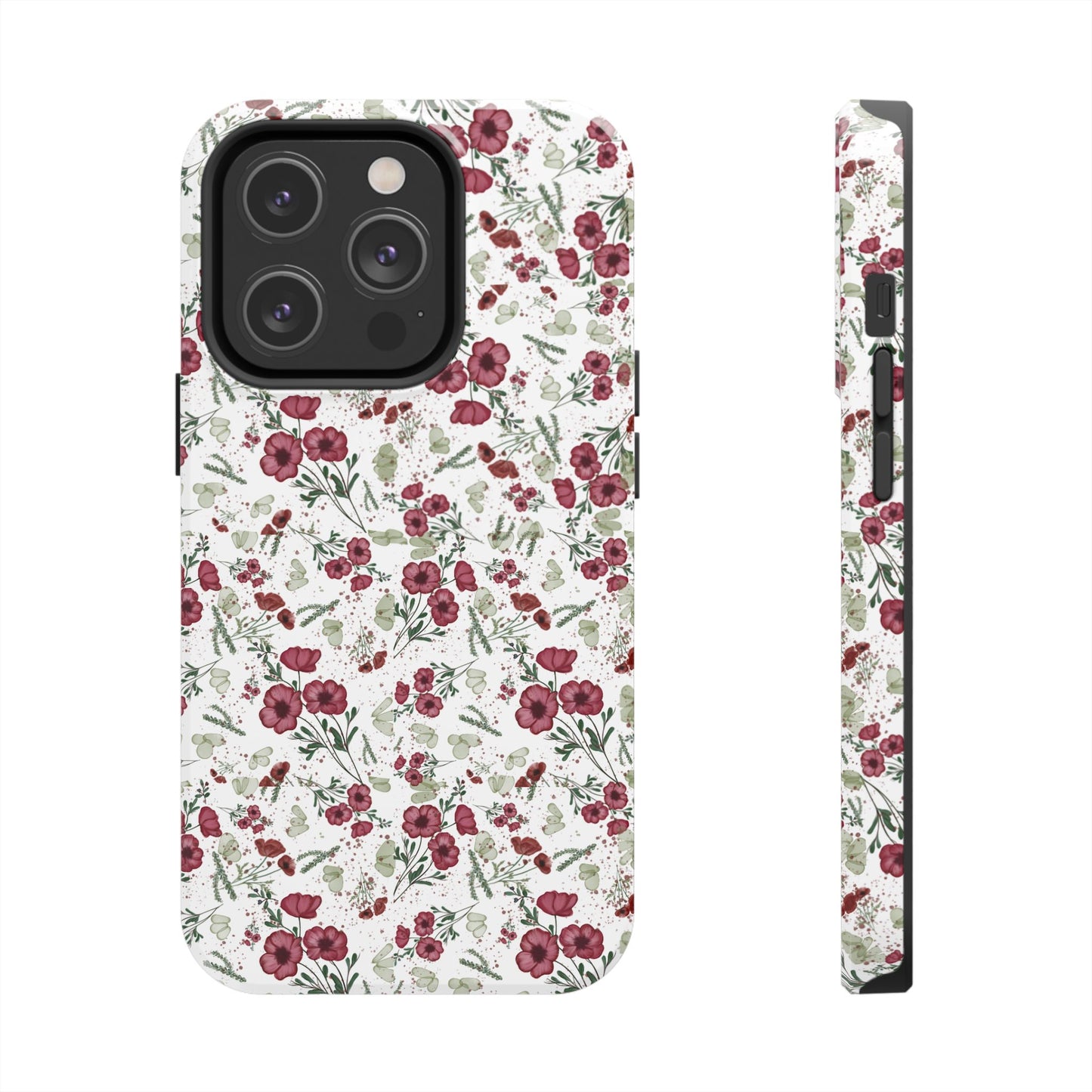 Phone Case - Watercolor Red Poppies with Green Leaves Design