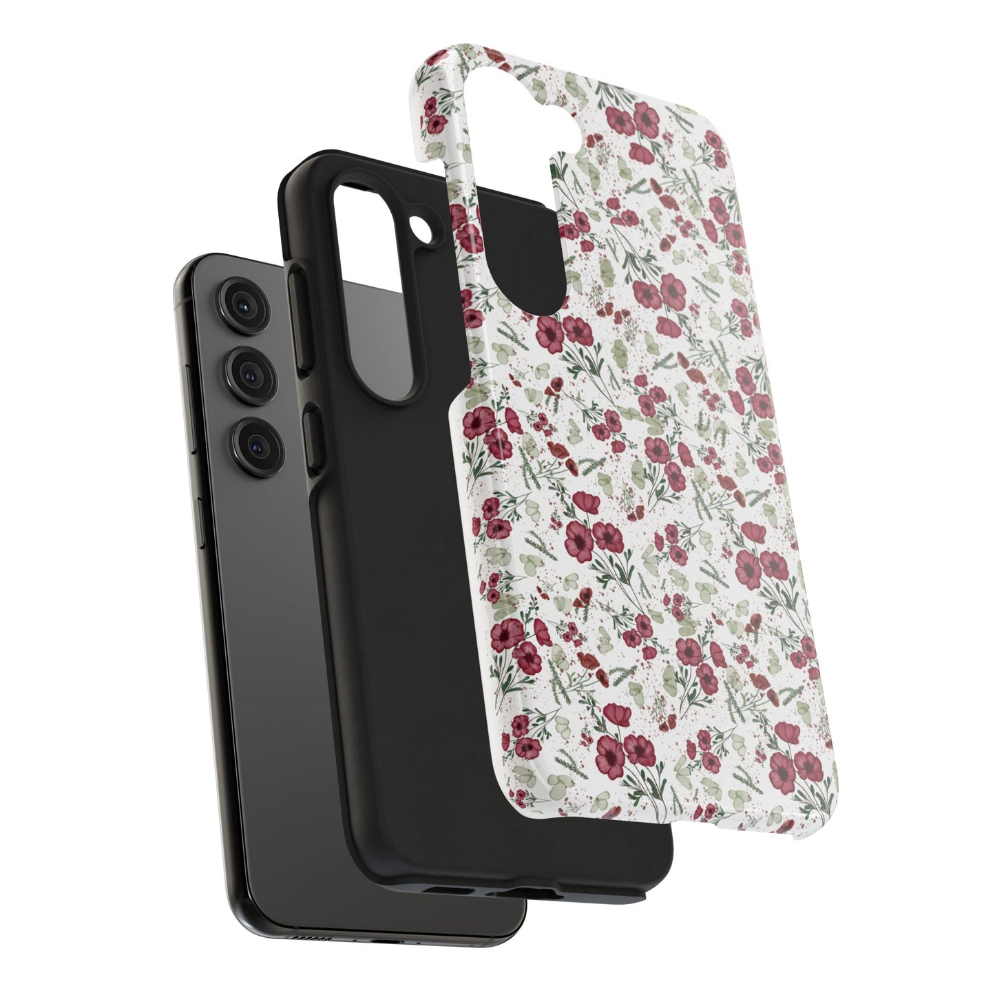 Phone Case - Watercolor Red Poppies with Green Leaves Design