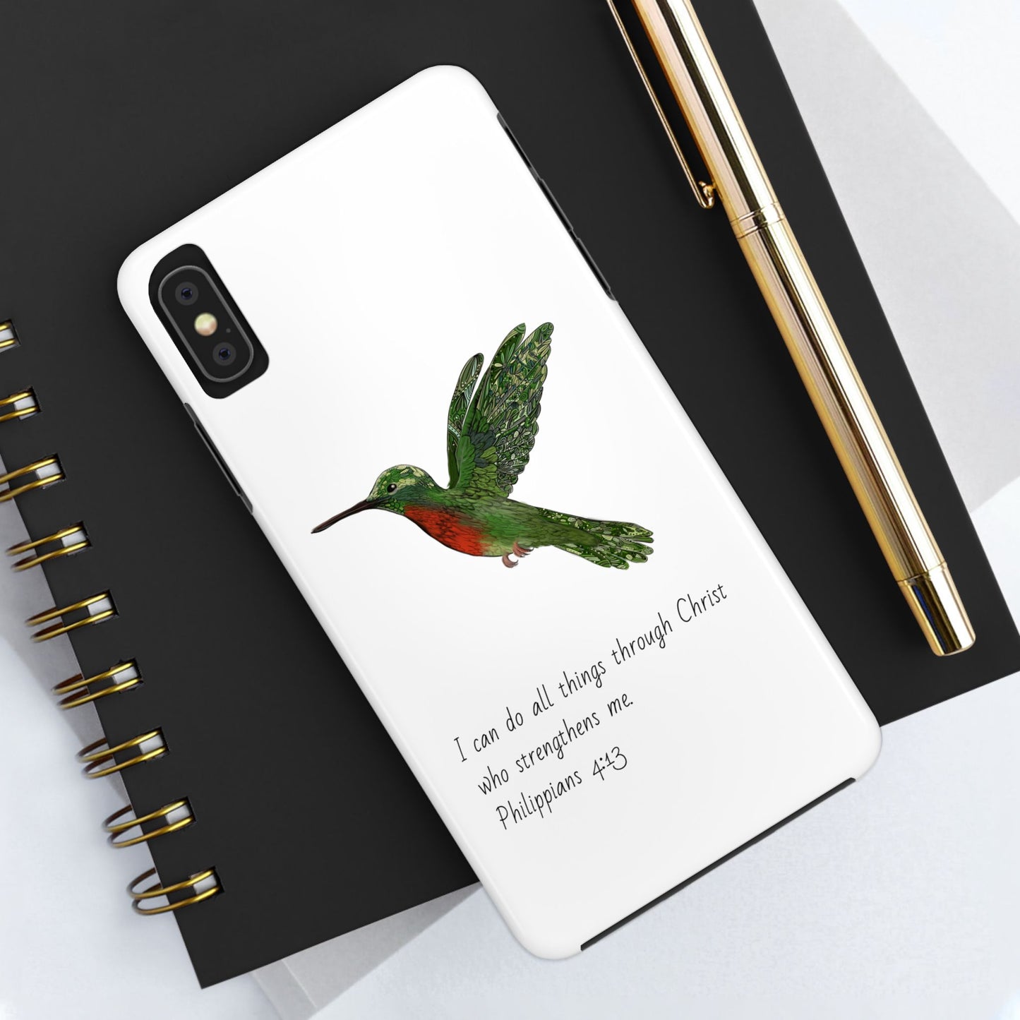 Phone Case - Hummingbird Drawing with Philippians 4:13 Verse