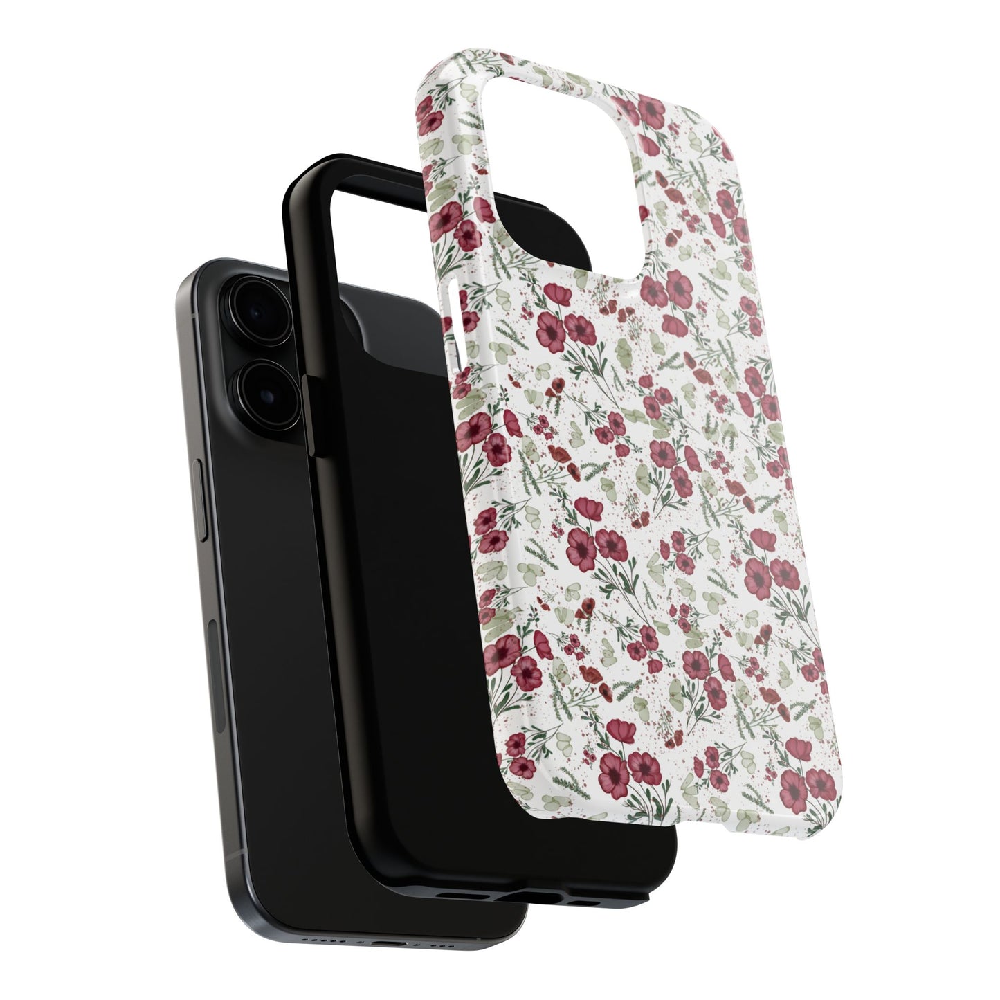 Phone Case - Watercolor Red Poppies with Green Leaves Design