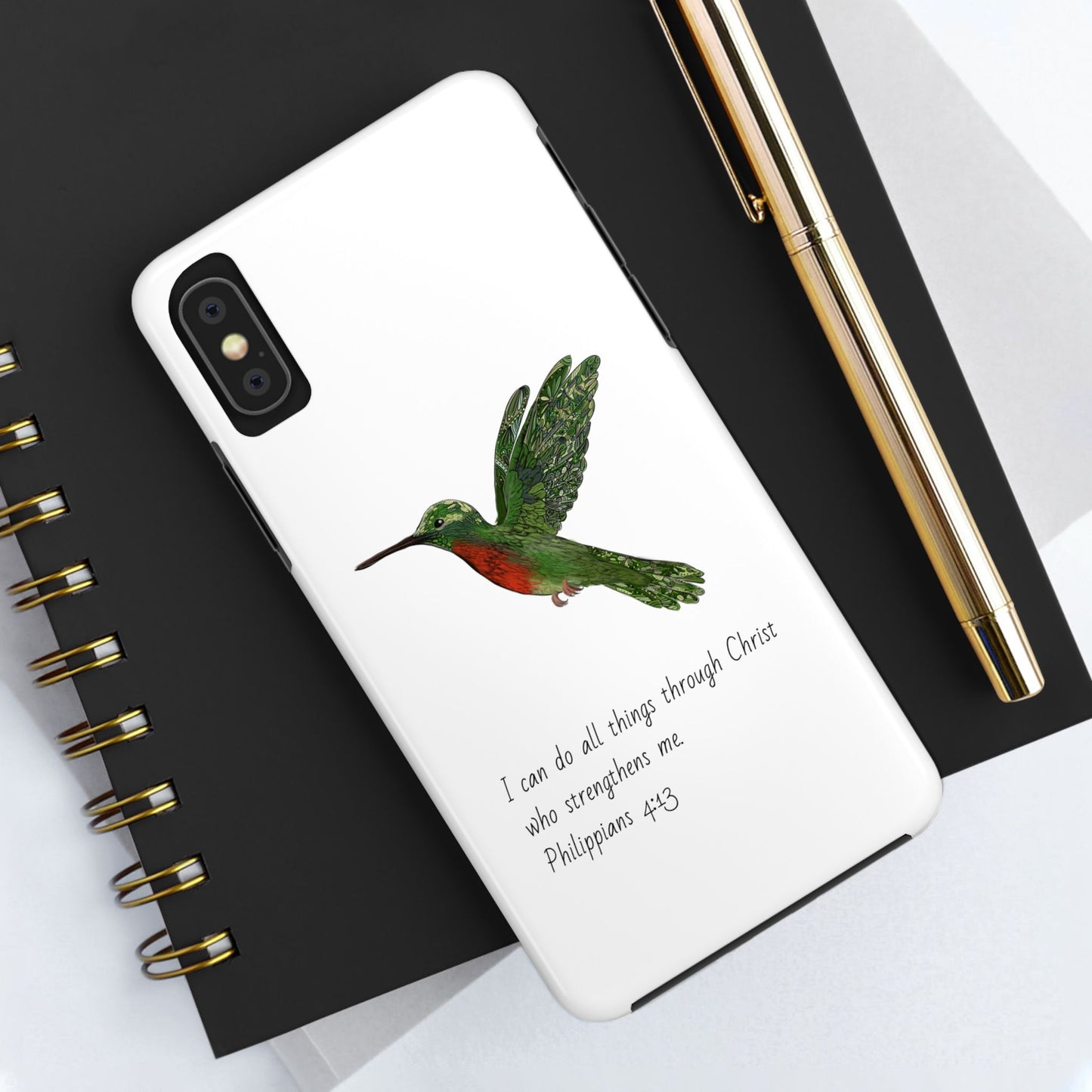 Phone Case - Hummingbird Drawing with Philippians 4:13 Verse