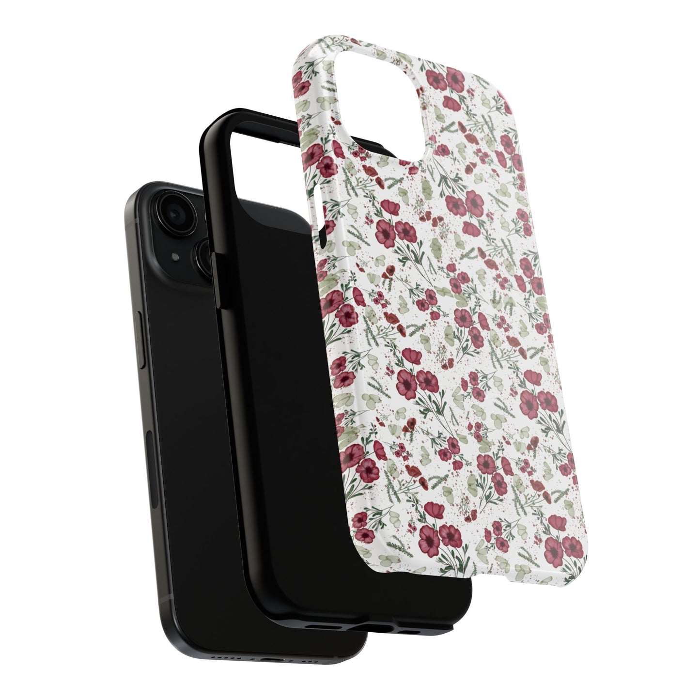 Phone Case - Watercolor Red Poppies with Green Leaves Design