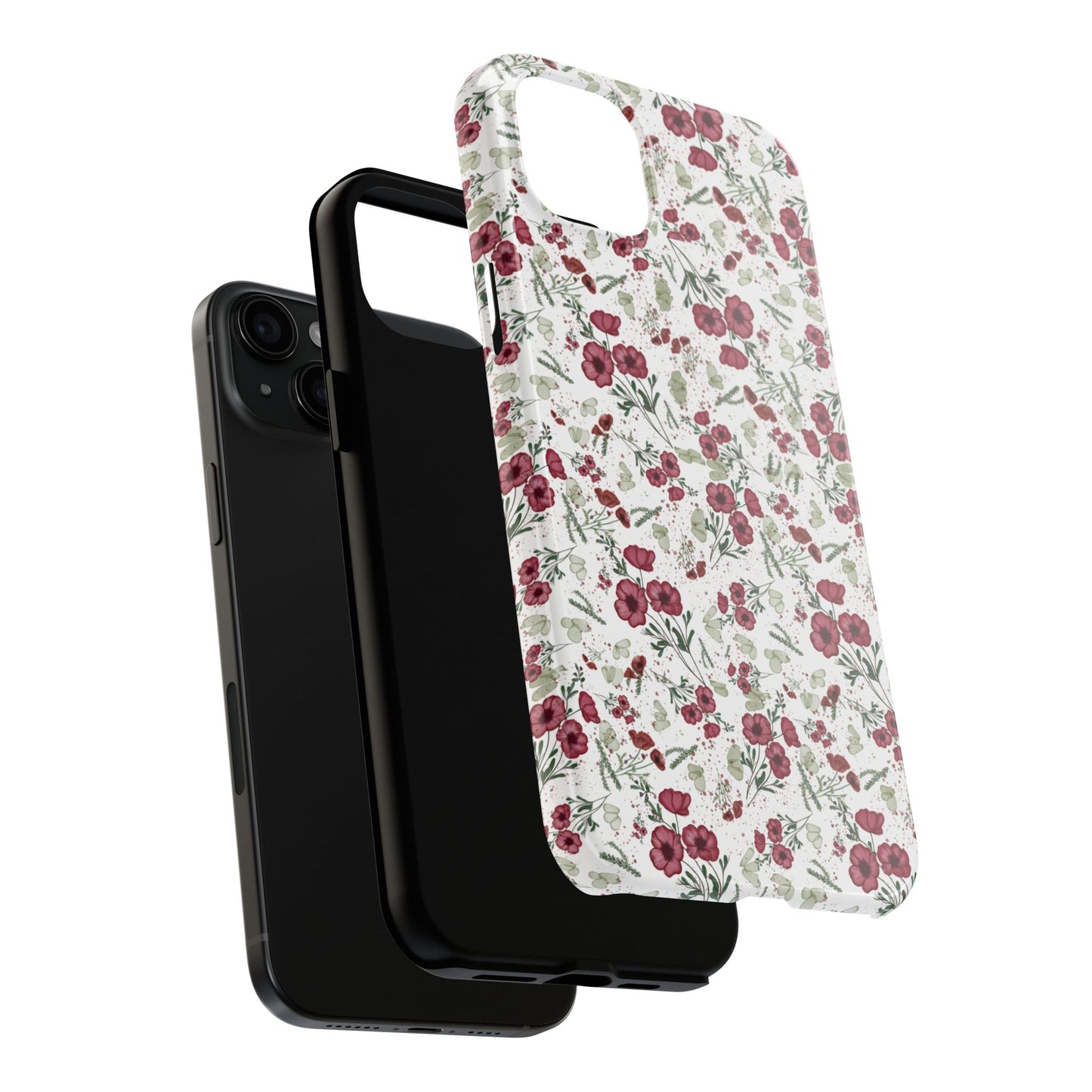 Phone Case - Watercolor Red Poppies with Green Leaves Design