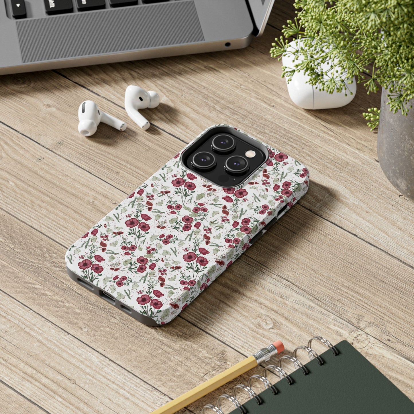 Phone Case - Watercolor Red Poppies with Green Leaves Design