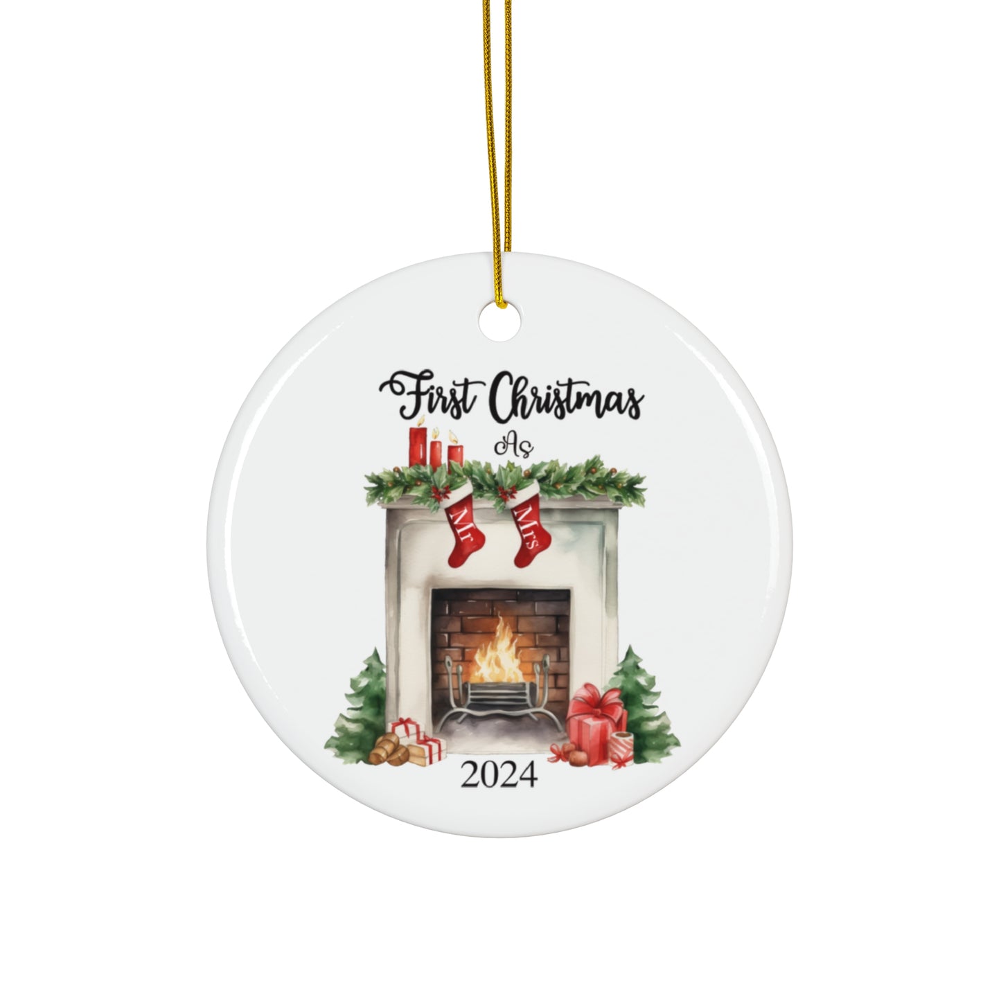 Christmas Ceramic Ornament - Fireplace Mr Mrs Stockings