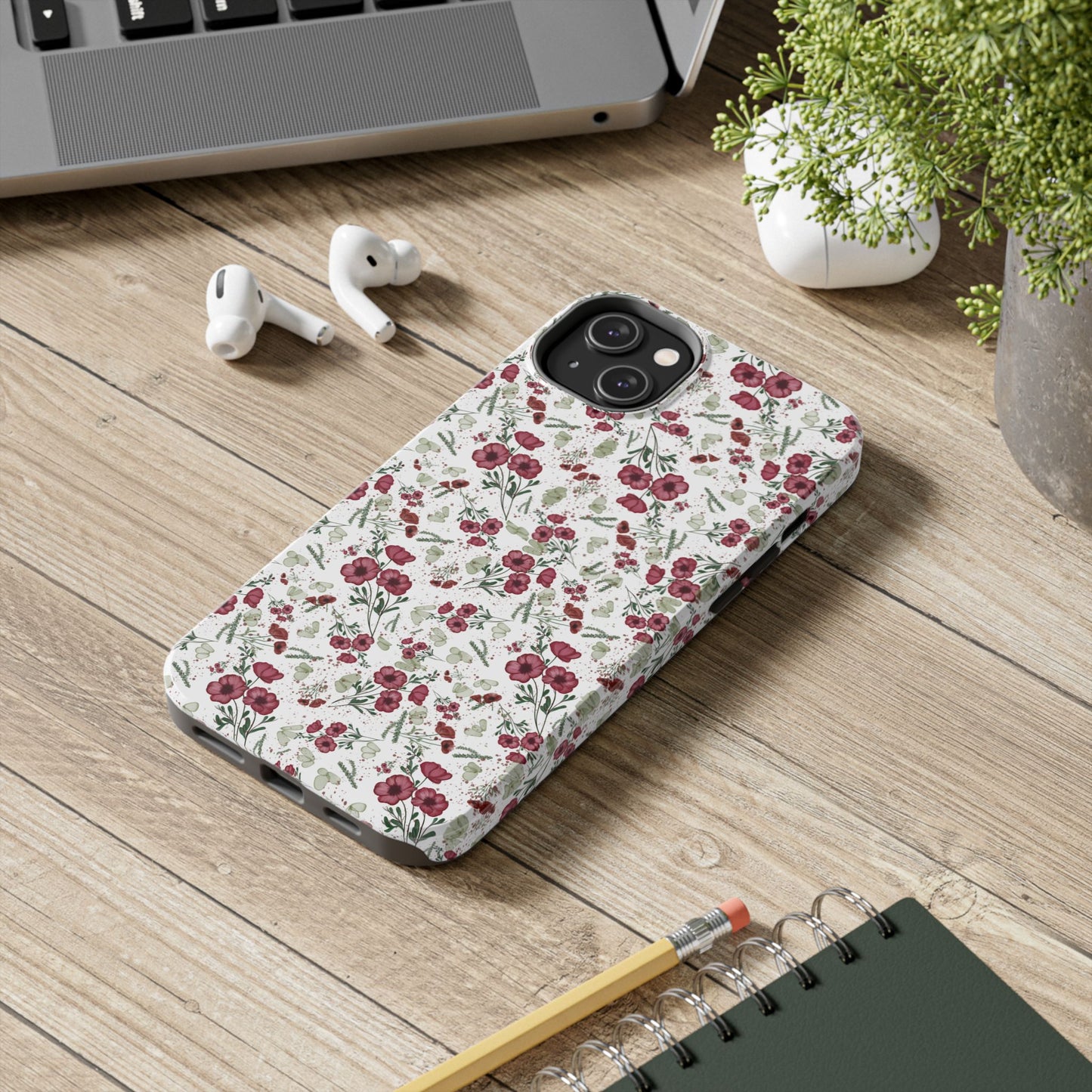 Phone Case - Watercolor Red Poppies with Green Leaves Design