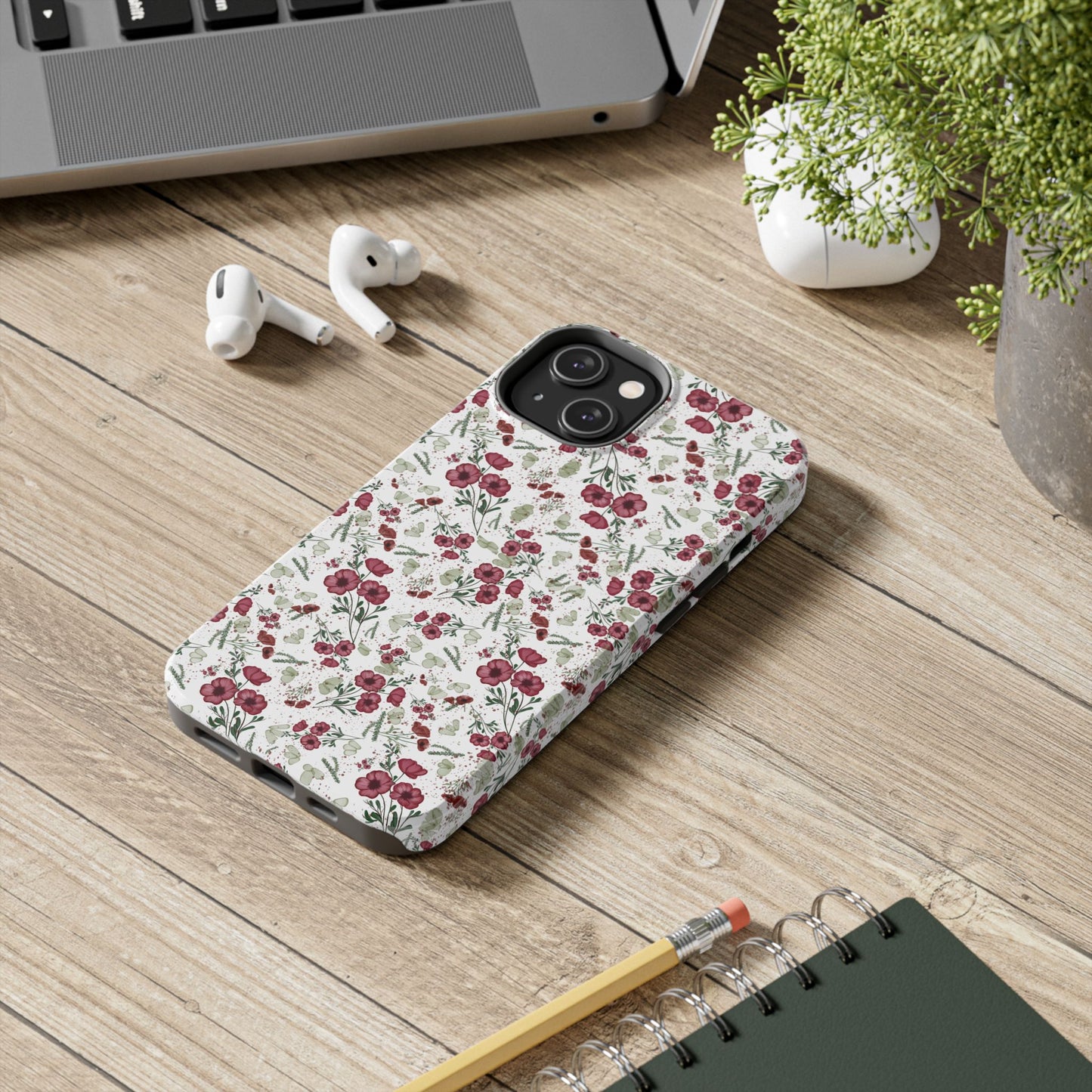 Phone Case - Watercolor Red Poppies with Green Leaves Design