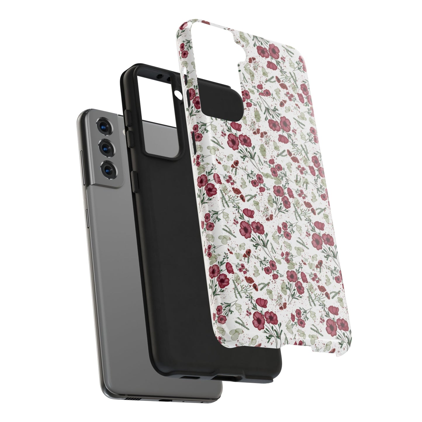 Phone Case - Watercolor Red Poppies with Green Leaves Design