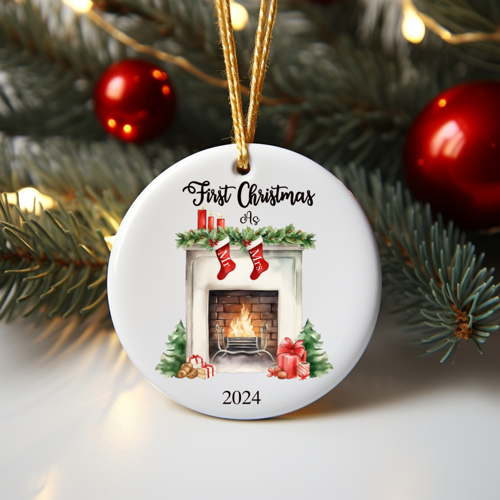 Christmas Ceramic Ornament - Fireplace Mr Mrs Stockings