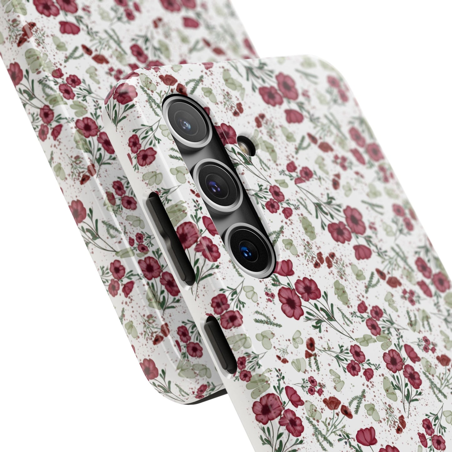 Phone Case - Watercolor Red Poppies with Green Leaves Design