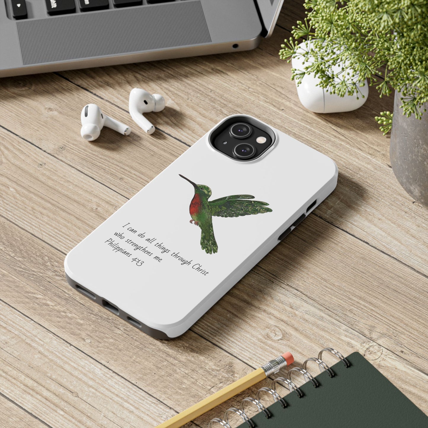 Phone Case - Hummingbird Drawing with Philippians 4:13 Verse