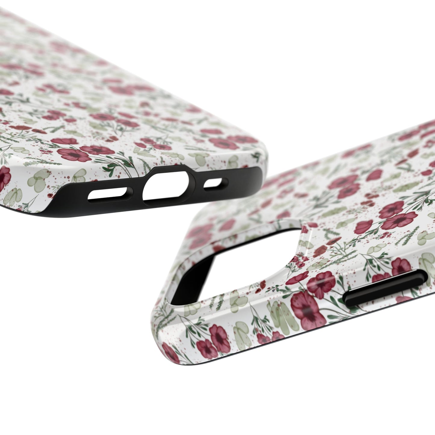 Phone Case - Watercolor Red Poppies with Green Leaves Design