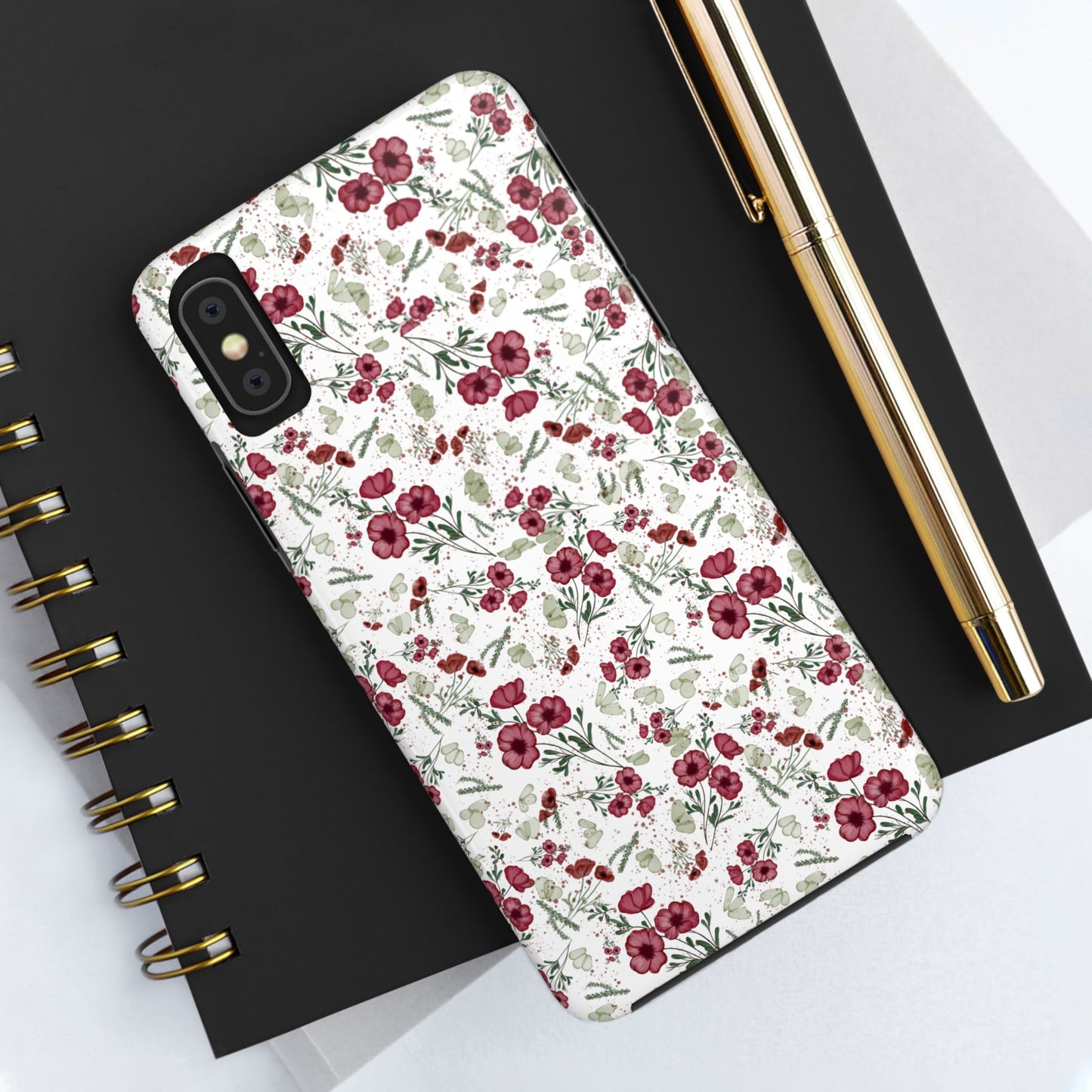 Phone Case - Watercolor Red Poppies with Green Leaves Design