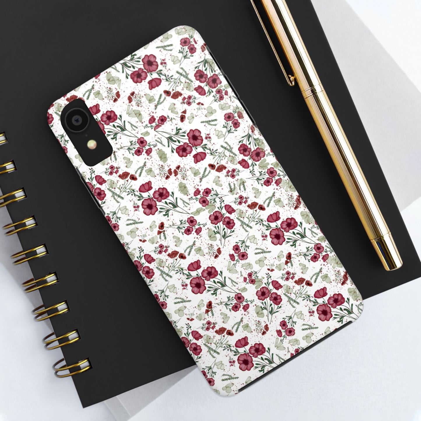 Phone Case - Watercolor Red Poppies with Green Leaves Design