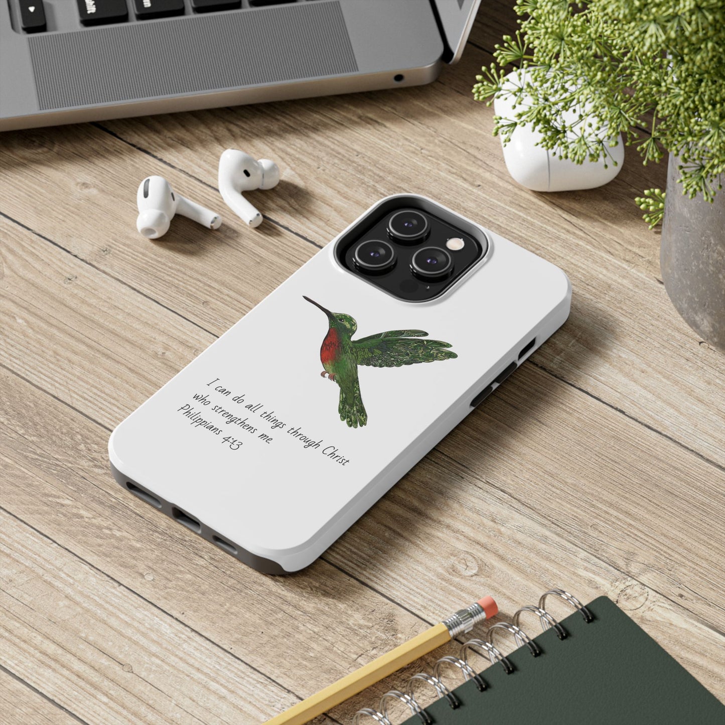 Phone Case - Hummingbird Drawing with Philippians 4:13 Verse