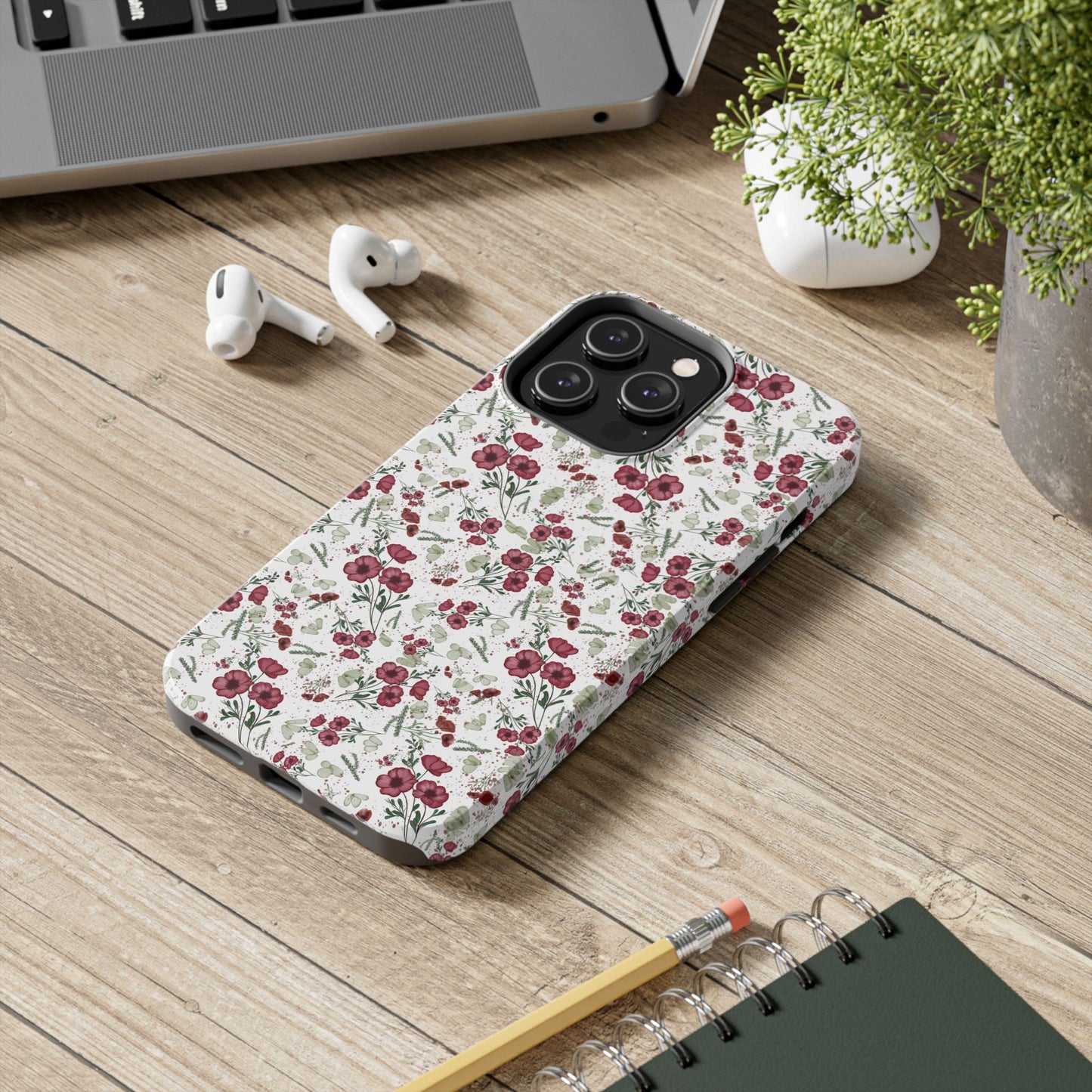 Phone Case - Watercolor Red Poppies with Green Leaves Design