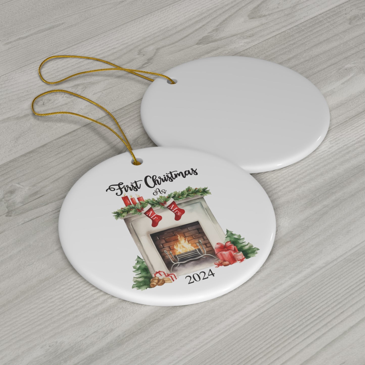 Christmas Ceramic Ornament - Fireplace Mr Mrs Stockings